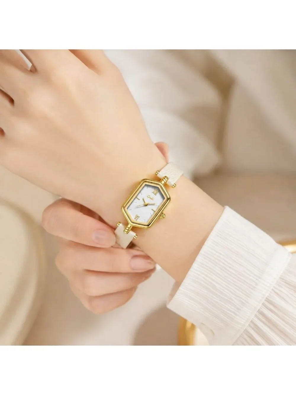 Women's Apricot Gold Vintage Slim Leather Strap Bracelet Hexagon Case Watch